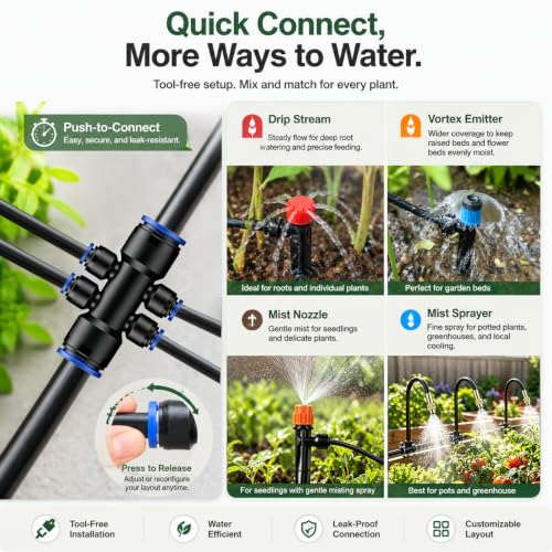 110FT Drip Irrigation System, Garden Watering Kit with 17FT 1/2 in Main Tube, 93FT 1/4 in Tube, 21 Adjustable Emitters, Misters and Sprayers for Raised Beds Greenhouse, Size: 110FT - size: 110FT