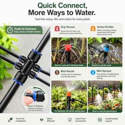 110FT Drip Irrigation System, Garden Watering Kit with 17FT 1/2 in Main Tube, 93FT 1/4 in Tube, 21 Adjustable Emitters, Misters and Sprayers for Raised Beds Greenhouse, Size: 110FT - size: 110FT