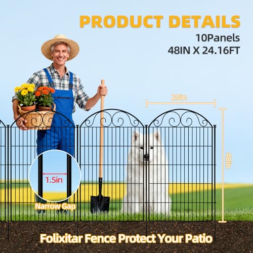COLRASN 10 Panels No Dig Decorative Garden Dog Fence Outdoor for Yard, 48in(H) x 24.16ft(W) with Latch Tall Animal Barrier Fenceing Panels, Rustproof Ground Stakes Temporary Wire Screen for Patio - size: 48 in(H) X 24.16ft(L)(+1 Lock)