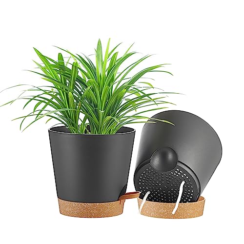 FaithLand 2-Pack 9 Inch Planter Pots for Indoor Outdoor Plants, Self Watering Flower Pots with Deep Reservoir, Black with Terracotta … - color: Black With Terracotta, size: 9 Inch