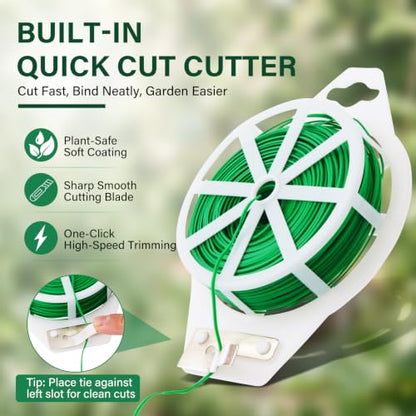 Twist Ties, 328 ft, Green Cable tie roll with Cutter, Reusable, Suitable for Gardening Plant Growth Care, Office and Home Cable and Bag Organization