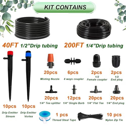 240FT Drip Irrigation System,Irrigation System for Garden with 1/2 inch Hose 1/4 inch Distribution Tubing and Accessories,Drip Irrigation Parts Garden Watering System - size: 135PCS