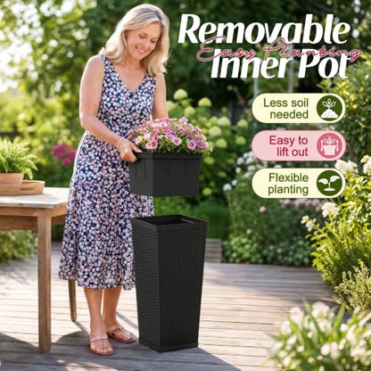 Flamaker 24“ Tall Plastic Planters with Drainage Holes Front Porch Set of 2 - color: Black, size: 24" H