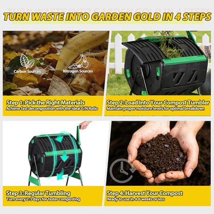 F2C 53Gal Dual Chamber Compost Tumbler, Octagonal Outdoor Compost Bin w/Thermometer, Soil Tester & Gloves, Rotating Composter for Backyard Garden Yard Waste