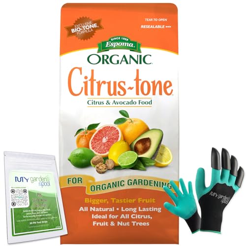 Espoma Citrus-Tone 5-2-6; 4 lb Bag CT4 with My Garden Pool PH Soil Test Strips 20 ct, and My Garden Pool Superior Gardening Claw Gloves and Garden-IQ, Smart Gardening AI Assistant!
