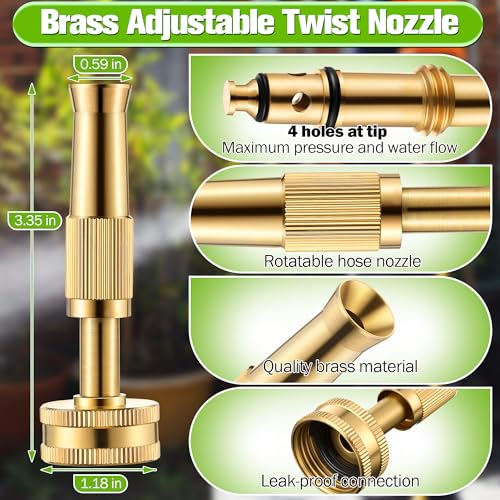 Heavy Duty Brass Hose Nozzle Kit with Shut Off Valve, 4" Adjustable Twist Garden Hose Nozzle, High Pressure Jet Sprayer, 3/4" GHT Connector, Includes 10 Rubber Washers(Adjustable,4 in)