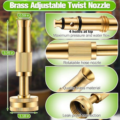 Heavy Duty Brass Hose Nozzle Kit with Shut Off Valve, 4" Adjustable Twist Garden Hose Nozzle, High Pressure Jet Sprayer, 3/4" GHT Connector, Includes 10 Rubber Washers(Adjustable,4 in)