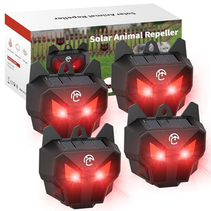 4 Pack Solar Nocturnal Animal Repeller with Red LED Flashing Lights – Effective Coyote, Raccoon, Skunk, Deer & Hawk Deterrent – Waterproof Predator Lights for Yards, Gardens & Chicken Coops