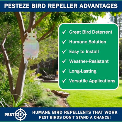 PESTEZE USA Owl Bird Repellent Holographic Decoy with 2 Bells [9 x 15 inch] to Deter Woodpeckers, Pigeons, Crows, Ducks, Geese & Critters Using Reflective Scare Patterns for Humane Property Protection