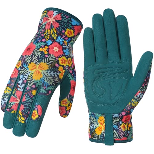 Gardening Gloves for Women, Breathable Leather Garden Gloves,Gardening Gift - color: Navy Blue - Yellow Flowers