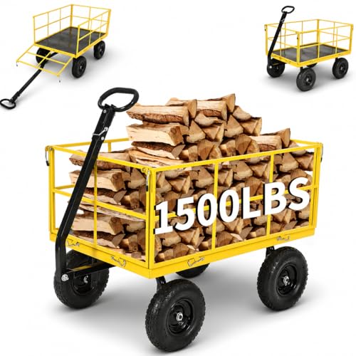 1500 Lbs Heavy Duty Garden Utility Wagon Cart, 3-in-1 Steel Yard Trailer with Removable Mesh Sides, 13" All-Terrain Tires, 180° Swivel Handle for Garden, Farm & Lawn - color: Yellow