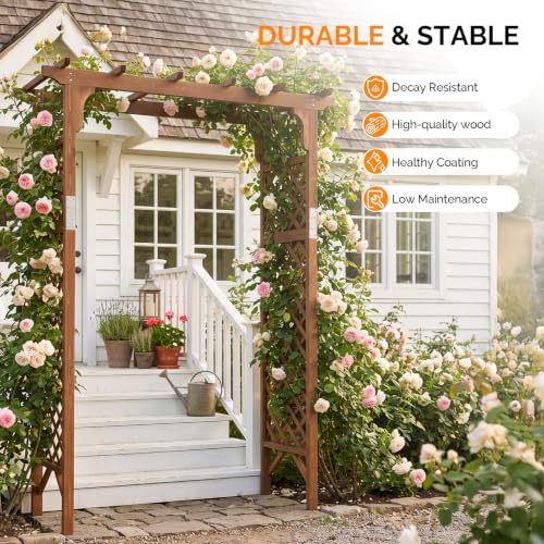 VINGLI Wood Garden Arbor, 85in Wedding Arch Garden Trellis for Plant Climbing, Pergola for Garden Backyard, Lawn (Dark Brown)