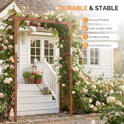 VINGLI Wood Garden Arbor, 85in Wedding Arch Garden Trellis for Plant Climbing, Pergola for Garden Backyard, Lawn (Dark Brown)