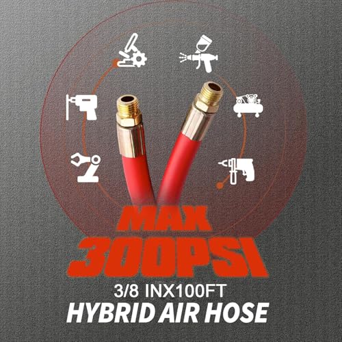 Retractable Air Hose Reel 100 FT | 300 PSI Air Compressor Hose Reel|3/8 Hybrid Polymer Hose | Heavy-Duty Steel Wall Mount Swivel Bracket|Auto Rewind | All-Weather Retractable Air Hose - Red - size: 100ft