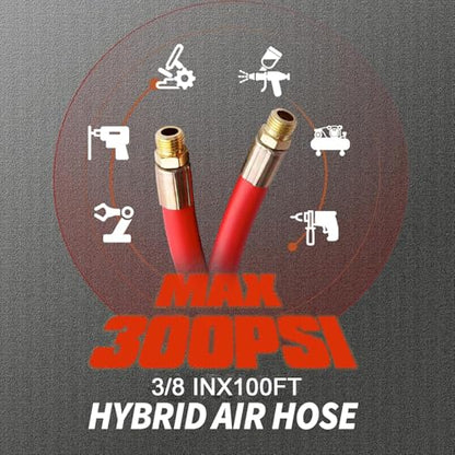 Retractable Air Hose Reel 100 FT | 300 PSI Air Compressor Hose Reel|3/8 Hybrid Polymer Hose | Heavy-Duty Steel Wall Mount Swivel Bracket|Auto Rewind | All-Weather Retractable Air Hose - Red - size: 100ft