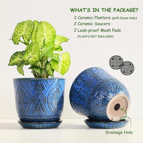 Gepege Ceramic Plant Pots, 6 Inch Indoor Planters with Drainage & Saucers - color: Blue-b, size: 6 Inch - Set of 2