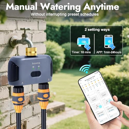 WiFi Water Timer for Garden Hose with Brass Inlet,Smart Hose Timer with WiFi Hub, APP & Voice Control,Up to 20 Watering Plans, 2-Zone Sprinkler Drip Irrigation System Controller for Yard Lawn Watering - color: Black