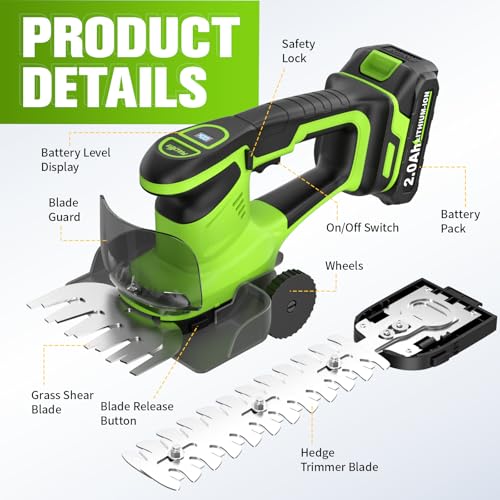 FULLYEA 2-in-1 Hedge Trimmer Cordless, Electric Bush Trimmer & Hedge Shears, Lightweight Grass Cutter with 2 * 2.0Ah Batteries & Charger, Battery Grass Trimmer, Handheld Shrub Trimmer Garden Tools
