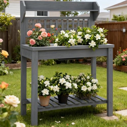 Wooden Workstation, Outdoor Potting Bench Table, with Sliding Tabletop, Storage Shelf and Dry Sink, for Greenhouse, Garden, Patio