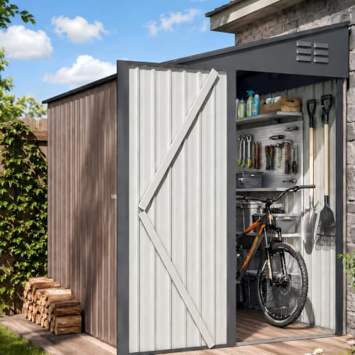 AECOJOY 4' x 6' Lean to Shed Outdoor Storage Shed, Bike Shed, Small Metal Sheds & Outdoor Storage Clearance, Wall Side Yard Shed Outdoor Storage Cabinet for Garden, Backyard and Outdoor Use, Grey - color: Gray, size: 4' x 7'