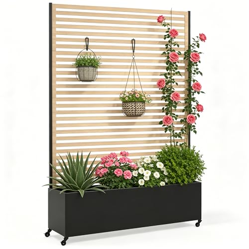 Metal Planter Box with Trellis Privacy Screen, Raised Garden Bed with Trellis & Wheels, Privacy Planters for Patio, Planter Box with Drainage Holes for Climbing Plants, Flower, 73"x 47"x 16", Wood - color: Wood Grain, size: 73"x 47"x 16"