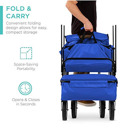Best Choice Products Collapsible Folding Outdoor Utility Wagon with Canopy Garden Cart for Beach, Picnic, Camping, Tailgates w/Removable Canopy, Detachable Pockets, 150lb Weight Capacity - Blue - color: Blue
