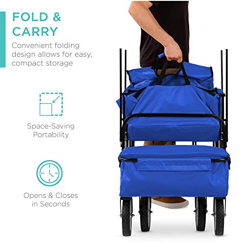 Best Choice Products Collapsible Folding Outdoor Utility Wagon with Canopy Garden Cart for Beach, Picnic, Camping, Tailgates w/Removable Canopy, Detachable Pockets, 150lb Weight Capacity - Blue - color: Blue