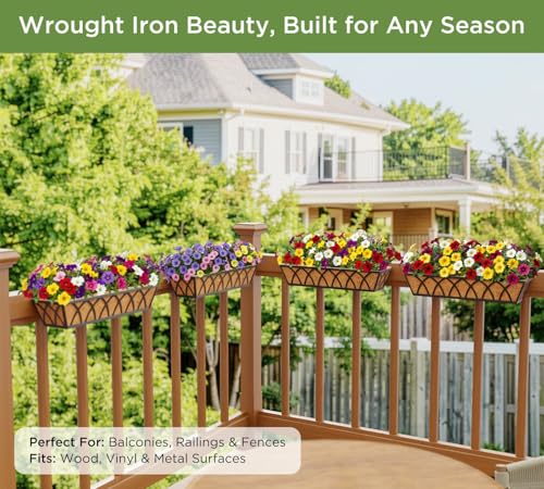 HFHOME 24 inch Railing Planter Box - 4 Pack Metal Window Trough with Coconut Coir Liners, Flower Basket for Deck Railings Balcony or Porch to Display Plants and Flowers - size: 24 Inch 4-Pack X-Pattern