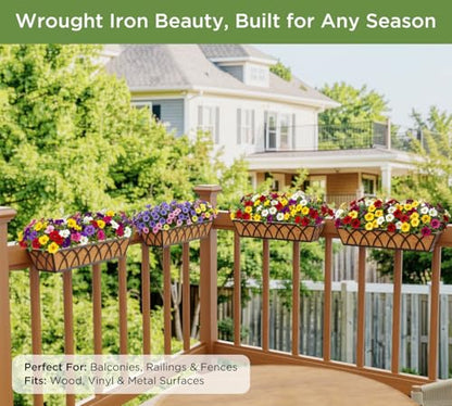HFHOME 24 inch Railing Planter Box - 4 Pack Metal Window Trough with Coconut Coir Liners, Flower Basket for Deck Railings Balcony or Porch to Display Plants and Flowers - size: 24 Inch 4-Pack X-Pattern