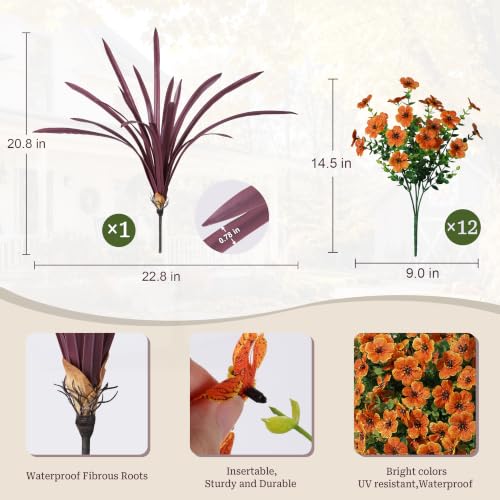 HyeFlora Artificial Fall Flowers Faux Mums for Outdoor Indoor Garden Home Decoration, Faux Flower Daisy with Orchid Leaf Fake Mums Plants Greenery Boxwood Porch Patio, 12 Bundles (Orange) - color: Orange