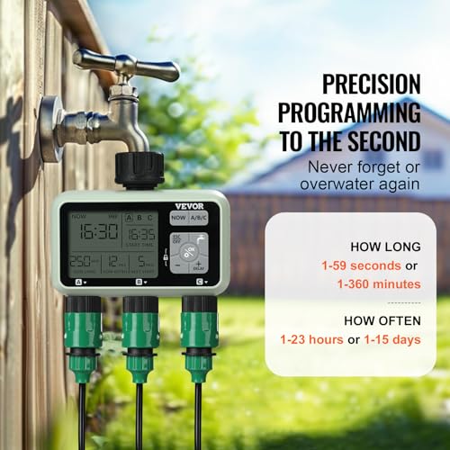 VEVOR Water Timer, 3 Outlets, Hose Watering Sprinkler Timer, with 3 Independent Watering Zone LCD Display Rain Delay Mode Manual Mode 360° Brass Inlet Metal Filter, IPX6 Waterproof for Yard Watering - style: 3 Outlet with LCD Display