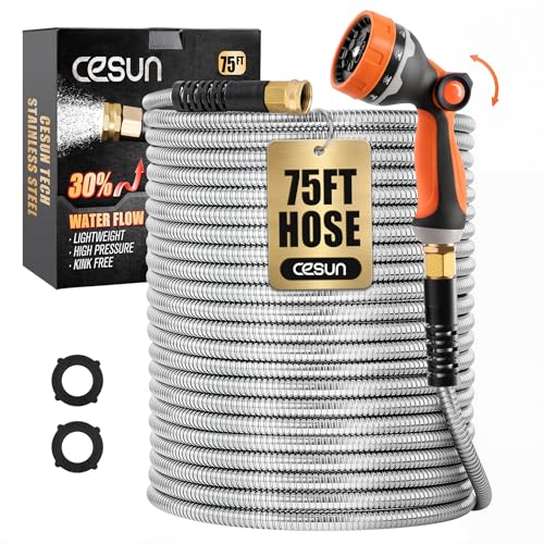 Cesun 75 ft Metal Garden Hose with 10 Function Nozzle, 75 foot x 5/8" - size: 75ft Male to Female