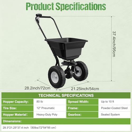 PPOLB Broadcast Spreader for Lawns, 80LB Fertilizer Spreader with 25-Level Flow Control, Walk Behind Lawn Seed & Salt Spreader, 0–10FT Coverage, Hopper Screen, Rain Cover, 12" Pneumatic Wheels - size: 80LBS