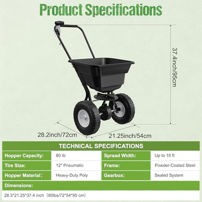 PPOLB Broadcast Spreader for Lawns, 80LB Fertilizer Spreader with 25-Level Flow Control, Walk Behind Lawn Seed & Salt Spreader, 0–10FT Coverage, Hopper Screen, Rain Cover, 12" Pneumatic Wheels - size: 80LBS