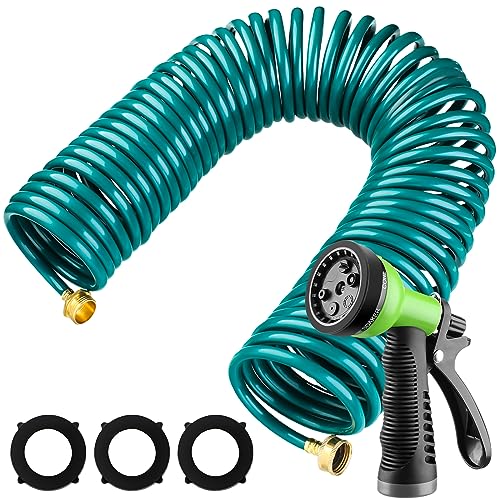 Pangda Expandable Coil Garden Hose 100 ft with Spray Nozzle, Green - color: Green, size: 100 Ft