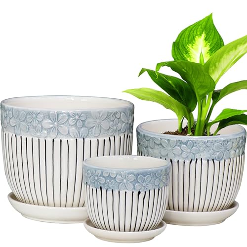 Hlukana Ceramic Plant Pots Set of 3, 6.75/5.6/4.2 inch Planters with Drainage Holes and Saucer, Flower Pot Outdoor Indoor, Modern Decorative Planters for House Plants Garden Planters Succulent Pots - color: Blue