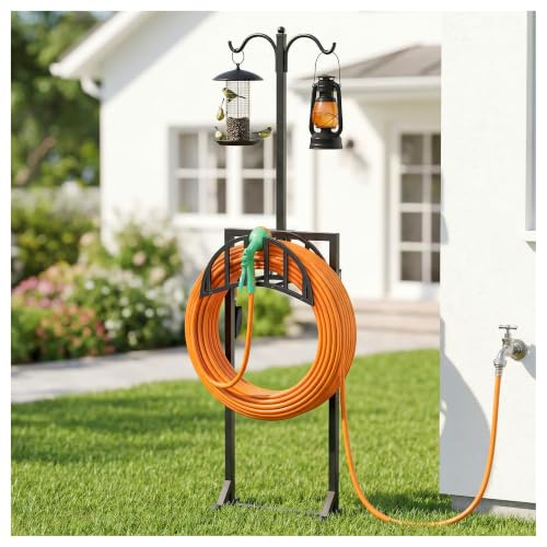 Garden Hose Holder, Water Hose Stand for Outside with 4 Stake and 2 Shepherds Hooks, Freestanding Hose Storage Holds 150Ft, Heavy-Duty Metal Hose Hanger Rack for Yard, Lawn, Farm
