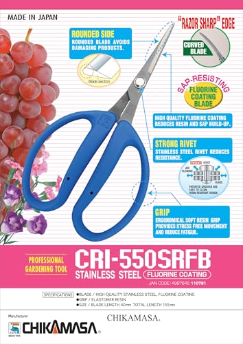 CHIKAMASA CRI-550SRF(Blue), The Specialty Trimming Precise Scissors, Stainless Steel with Fluorine Coating, Curved Blade for Trimming, harvesting vegetables and fruit, wide gardening use. - color: Silver/Blue