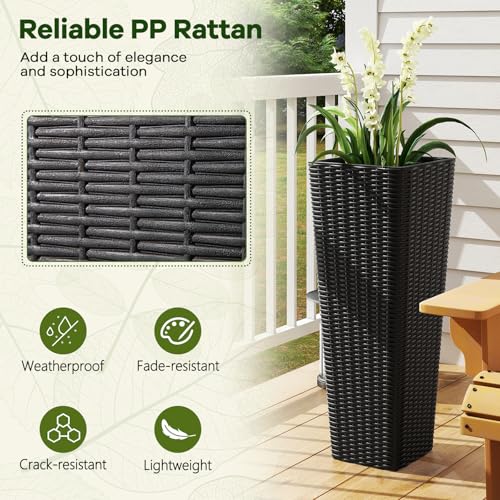 HAPPYGRILL Rattan Tall Planter Set of 2 with Removable Inner Trays - color: Black