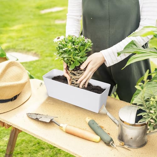 GREANER 12x3.8 Inch Herb Planters, 6 Pack White Rectangle Window Boxes with Tray, Indoor Succulent Cactus Mint Plastic Pot with Saucer for Windowsill, Balcony, Office, Outdoor Garden - size: 6Packs/12x3.8in
