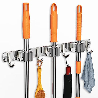 CUXIXA Mop and Broom Holder Wall Mount for Kitchen Garden Laundry Garage - color: Silver, size: 3 Racks with 4 Hooks