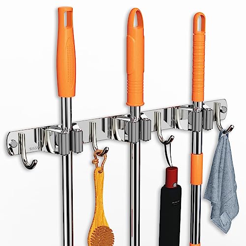 CUXIXA Mop and Broom Holder Wall Mount for Kitchen Garden Laundry Garage - color: Silver, size: 3 Racks with 4 Hooks