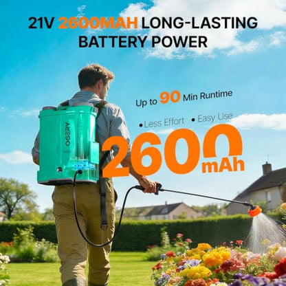 OGERY Battery Powered Backpack Sprayer 4 Gallon, 2.6Ah 21V Battery with 6 Nozzles, Telescopic Stainless Steel + Plastic Wand for Lawn Garden Weed Yard Cleaning (Charger Included)