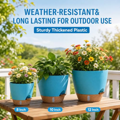 Ecolley Plant Pots 8/10/12 Inch Self Watering Pots, Set of 3 Plastic Planters with Drainage Holes and Saucers,Plastic Flower Pots,Nursery Planting Pot for Indoor Out Door PlantsBlue Green - color: Blue Green