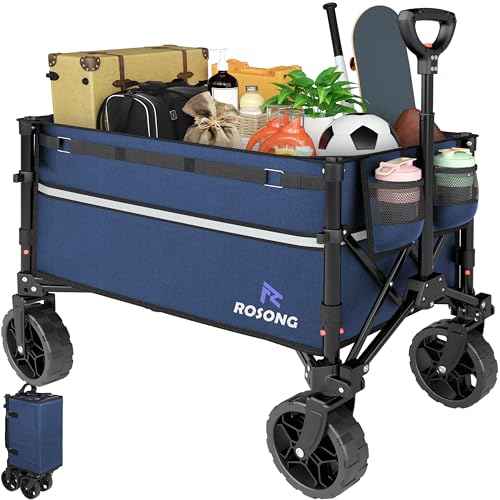 ROSONG Collapsible Wagon Cart with Wheels Foldable - Folding Utility Heavy Duty Wagons Carts for Grocery Sports Garden Shopping Camping Wheelbarrows (Navy Blue, 120L) - color: Navy Blue, size: 120L
