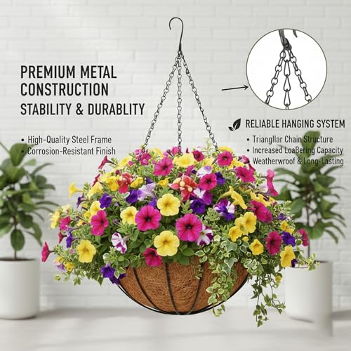 4 Pack 12 Inch Brown Outdoor Metal Hanging Planter Basket Hanging Planters Flower Pot Round Modern Flower Holder Pot Garden Accessory（Watermelon Style） - color: Watermelon