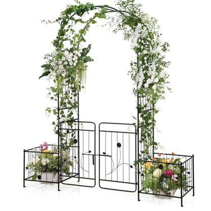 S AFSTAR 87-Inche Garden Arbor with Gate & Side Planter Box, Metal Garden Arch with Lockable Gate, Arched Top Arbour, Heavy-Duty Arched Trellis Archway for Climbing Plants Grape Vines Wedding Ceremony