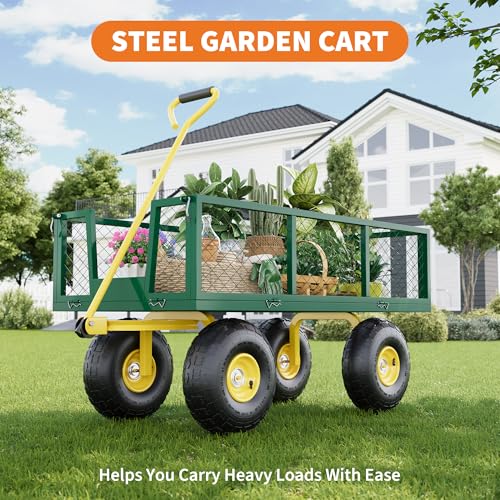 Heavy Duty Steel Garden Cart, 900 Lbs Capacity Utility Wagon with Removable Mesh Sides, 10" Pneumatic All-Terrain Tires & 180° Swivel Handle, Folding Flatbed Yard Cart for Garden, Lawn, Farm, Camping - color: Green Yellow, size: 900 lbs