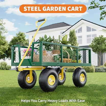 Heavy Duty Steel Garden Cart, 900 Lbs Capacity Utility Wagon with Removable Mesh Sides, 10" Pneumatic All-Terrain Tires & 180° Swivel Handle, Folding Flatbed Yard Cart for Garden, Lawn, Farm, Camping - color: Green Yellow, size: 900 lbs