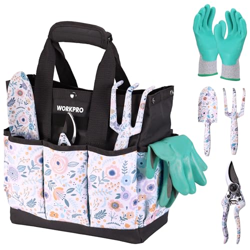 WORKPRO 5PCS Garden Tool Set, Aluminum Heavy Duty Gardening Tool Set - style: White with bag